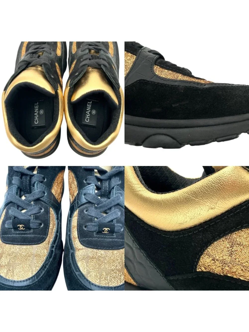 CHANEL Metallic Gold Fabric & Black Suede Leather Croc Embossed  CC Sneaker 8.5